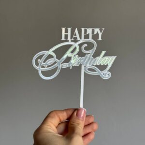 Топер акриловий на білому фоні Happy Birthday