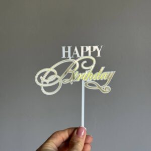 Топер акриловий на білому фоні Happy Birthday