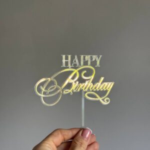 Топер акриловий на прозорому фоні Happy Birthday